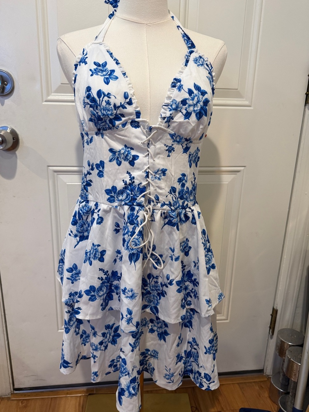 SHEIN White Mini Dress with Blue Floral Print